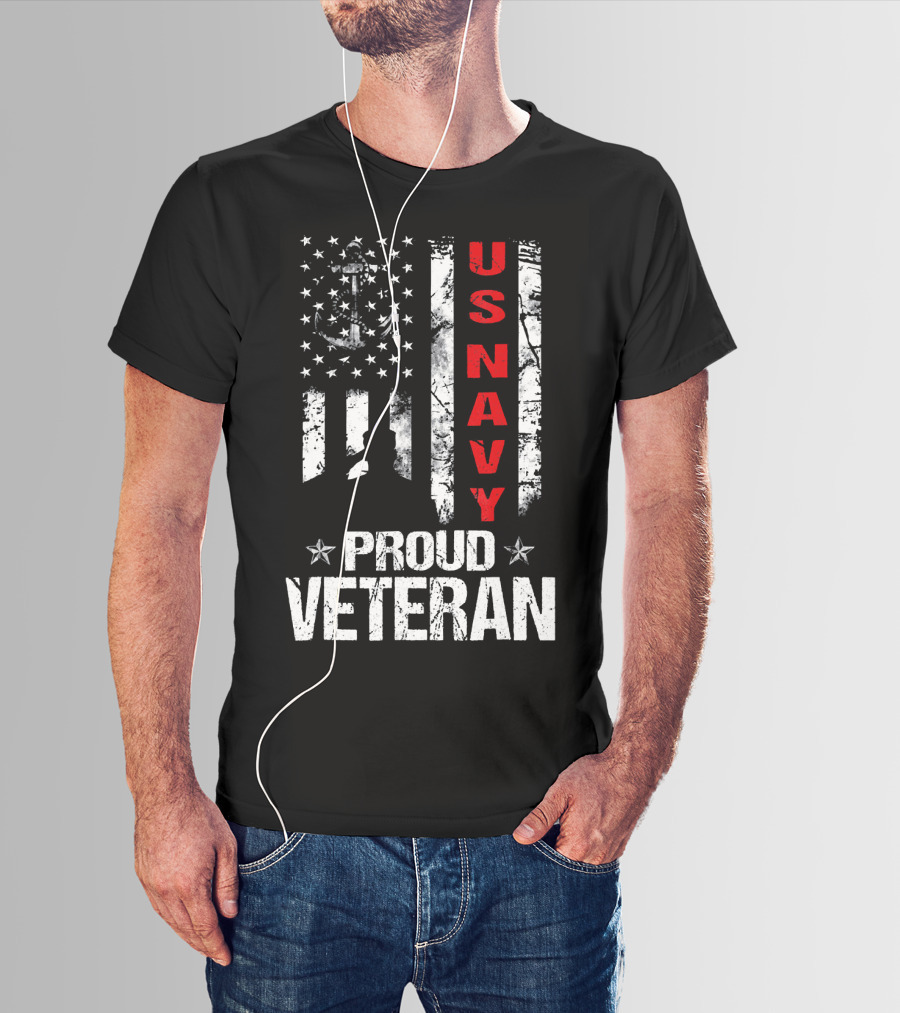 US Navy Proud Veteran Patriotic American Flag Anchor Stars T-Shirt