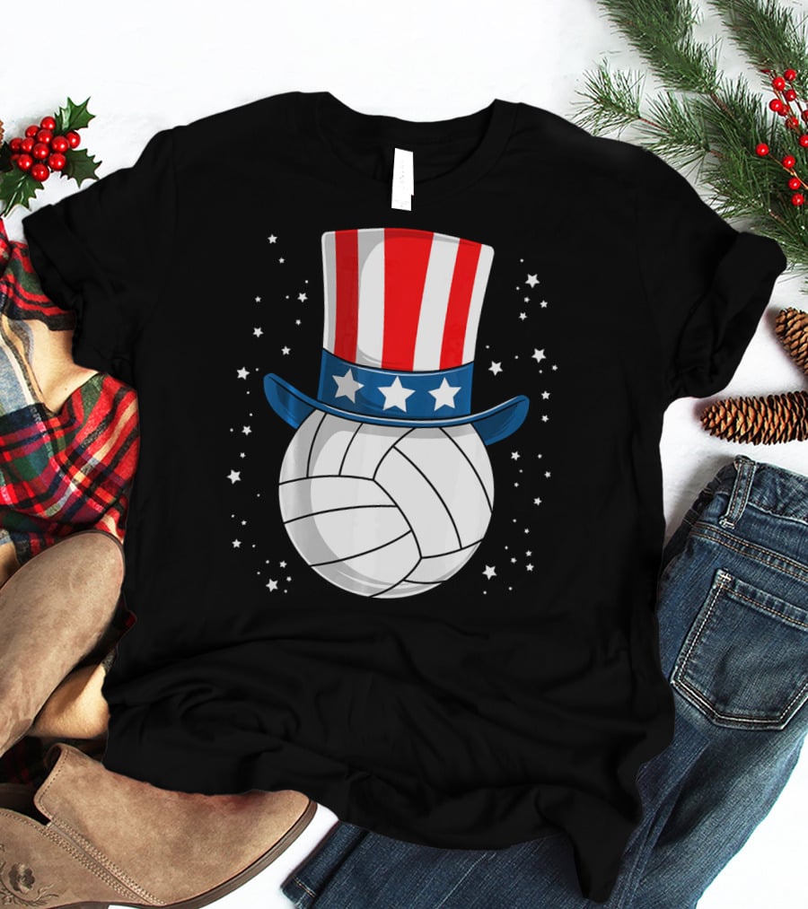 Volleyball Uncle Sam Hat American Flag Stars T-Shirt