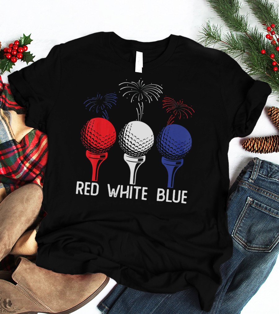 Golf Red White Blue US Flag Patriotic Fireworks T-Shirt