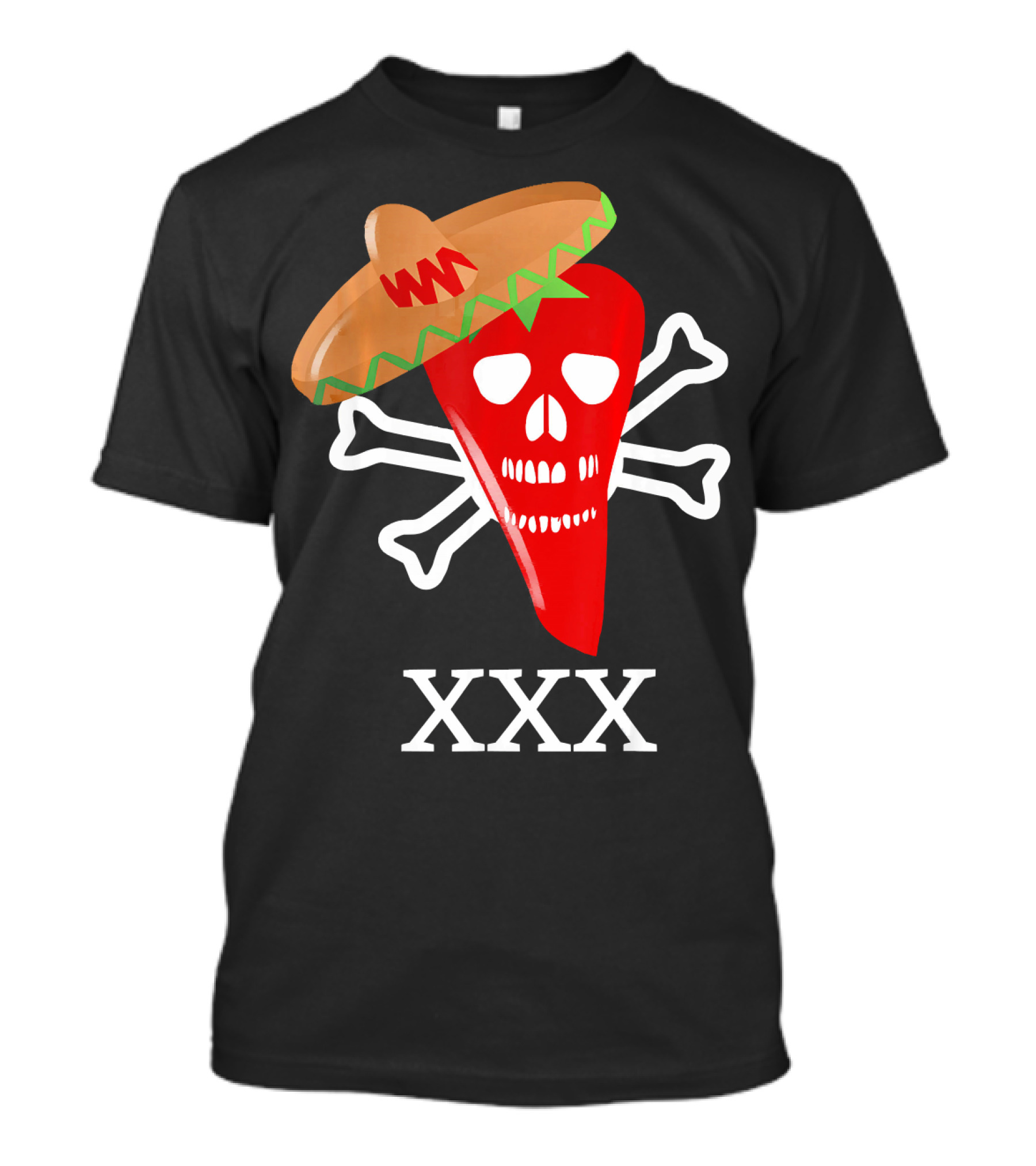 Funny Red Hot Chili Pepper Sombrero Skull Crossbones XXX T-Shirt