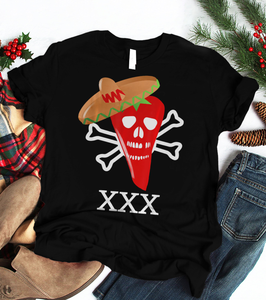 Funny Red Hot Chili Pepper Sombrero Skull Crossbones XXX T-Shirt