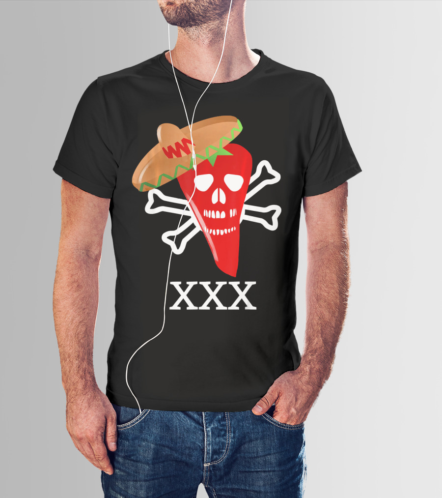 Funny Red Hot Chili Pepper Sombrero Skull Crossbones XXX T-Shirt