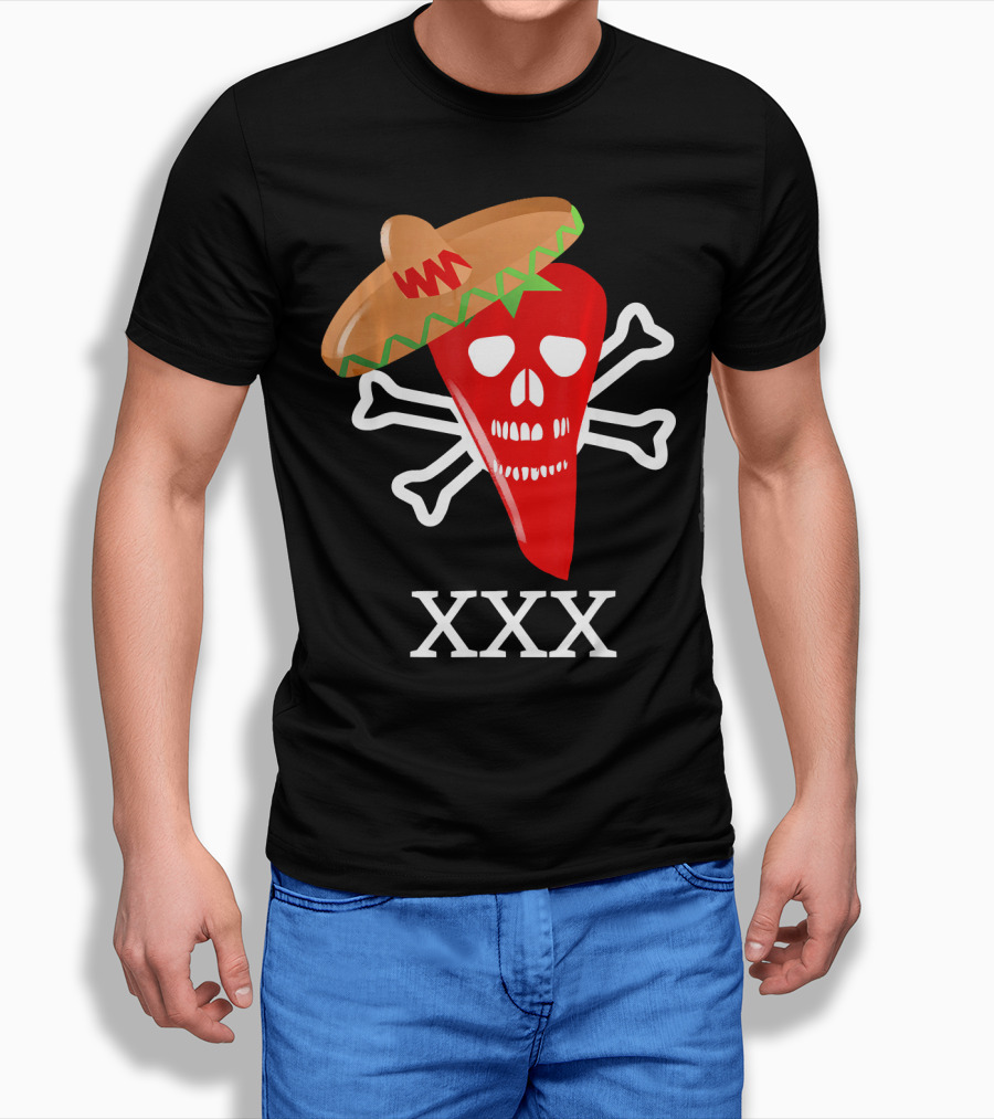 Funny Red Hot Chili Pepper Sombrero Skull Crossbones XXX T-Shirt