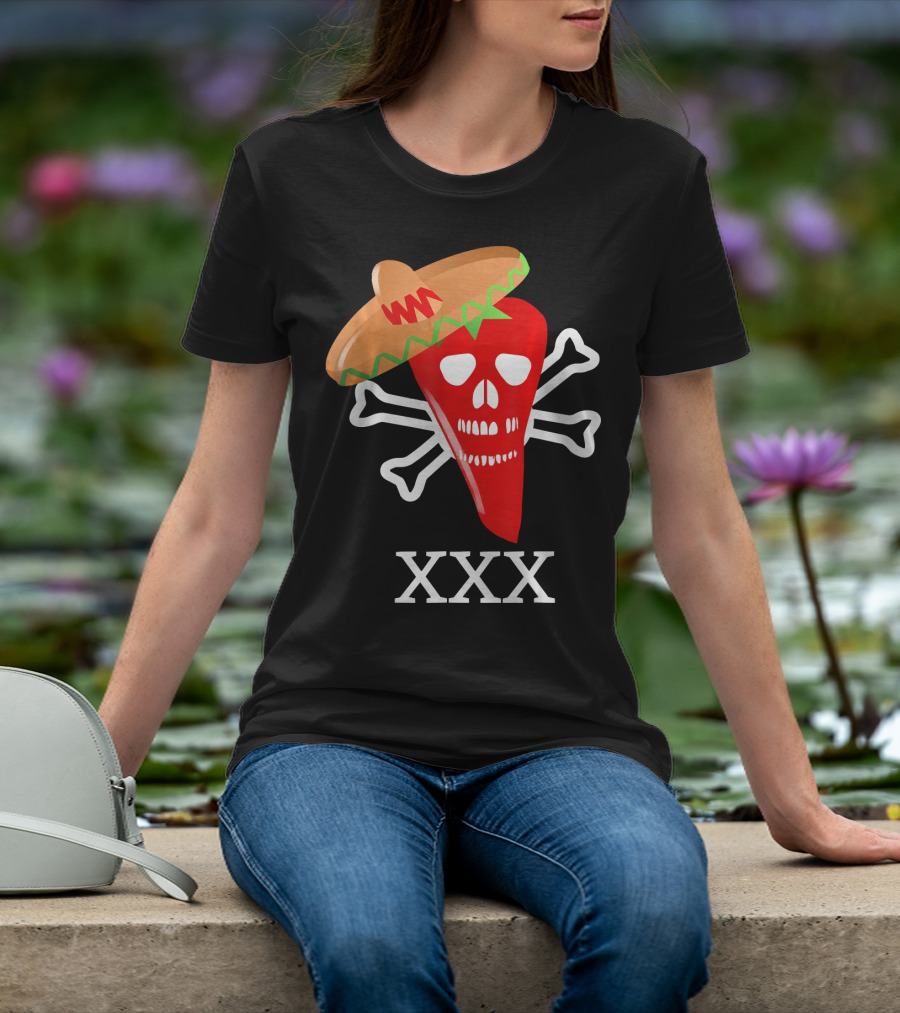 Funny Red Hot Chili Pepper Sombrero Skull Crossbones XXX T-Shirt