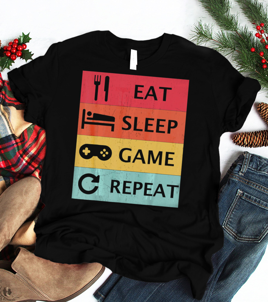 Eat Sleep Game Repeat Meme Retro Icons T-Shirt