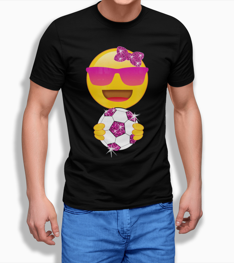 Cute Emoji with Sunglasses Holding a Sparkling Soccer Ball and Glitter Bow T-Shirt