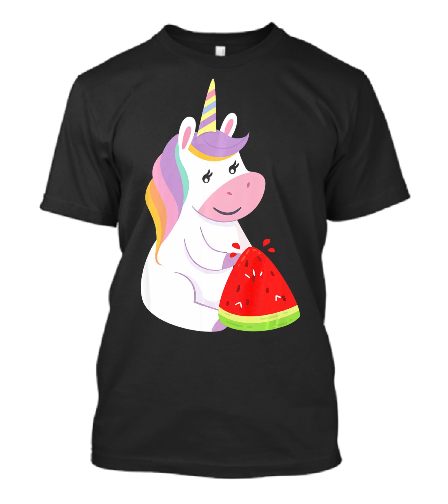 Unicorn Eating Watermelon With Rainbow Mane Novelty T-Shirt