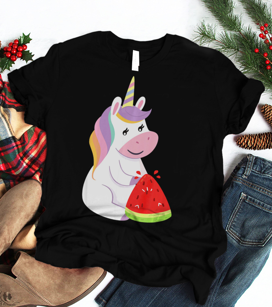 Unicorn Eating Watermelon With Rainbow Mane Novelty T-Shirt