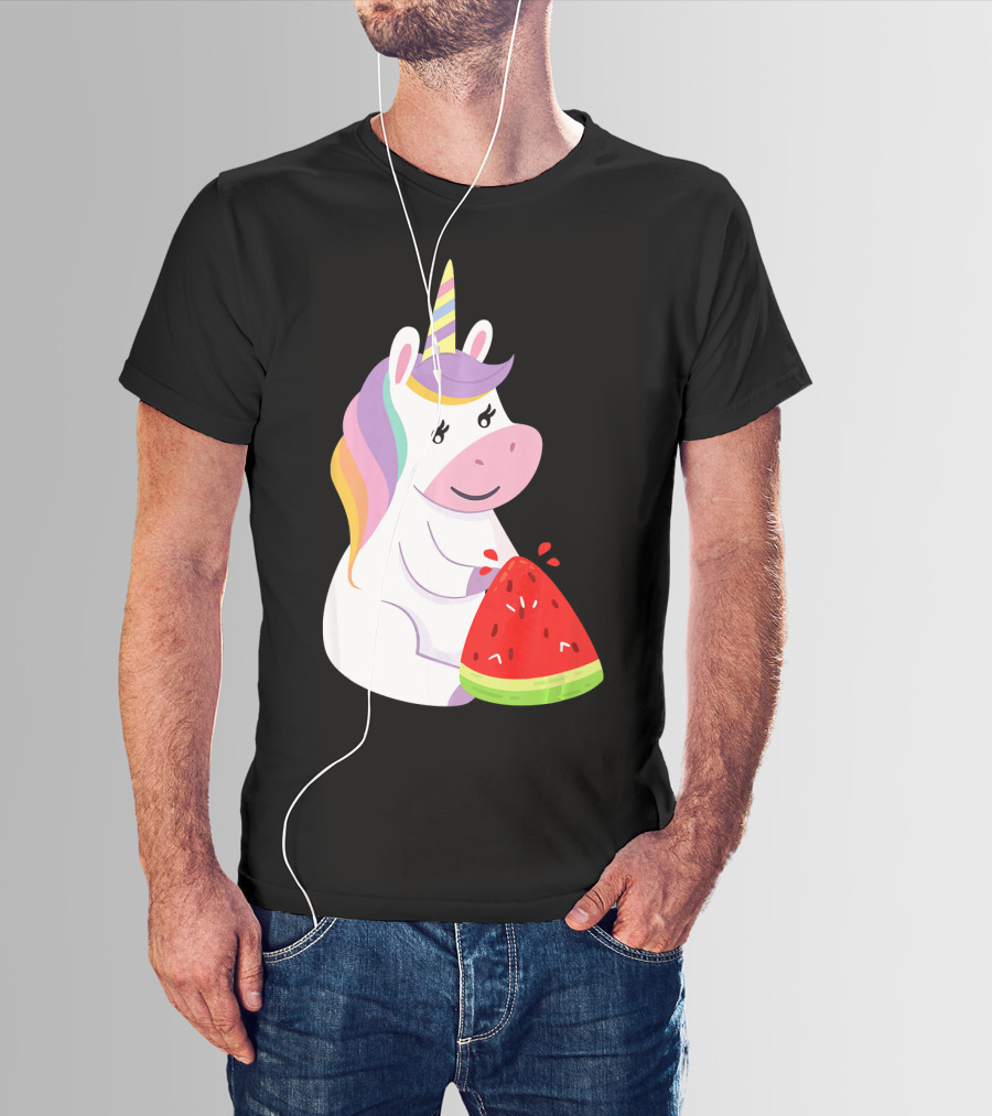 Unicorn Eating Watermelon With Rainbow Mane Novelty T-Shirt