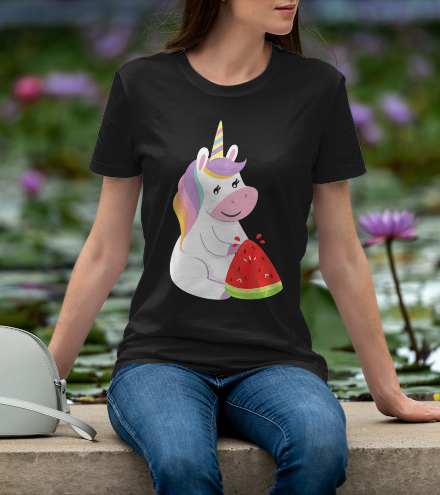 Unicorn Eating Watermelon With Rainbow Mane Novelty T-Shirt