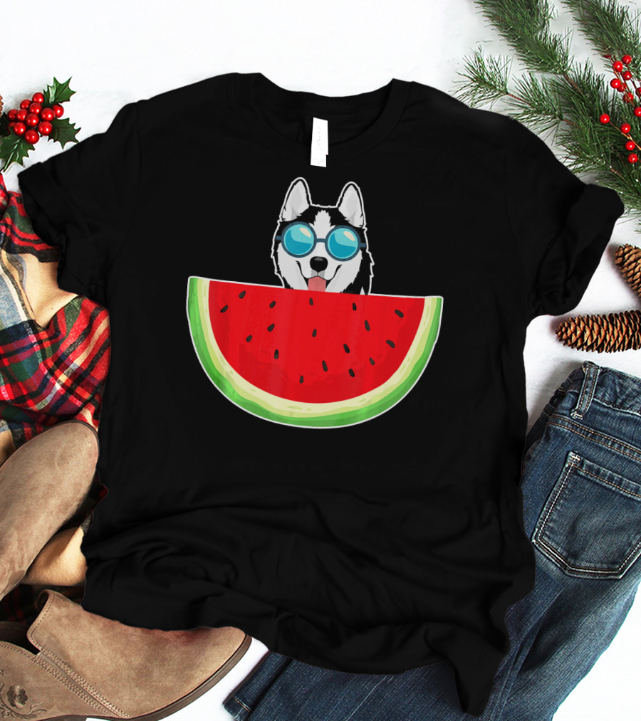 Husky Behind Watermelon With Sunglasses For Women T-Shirt