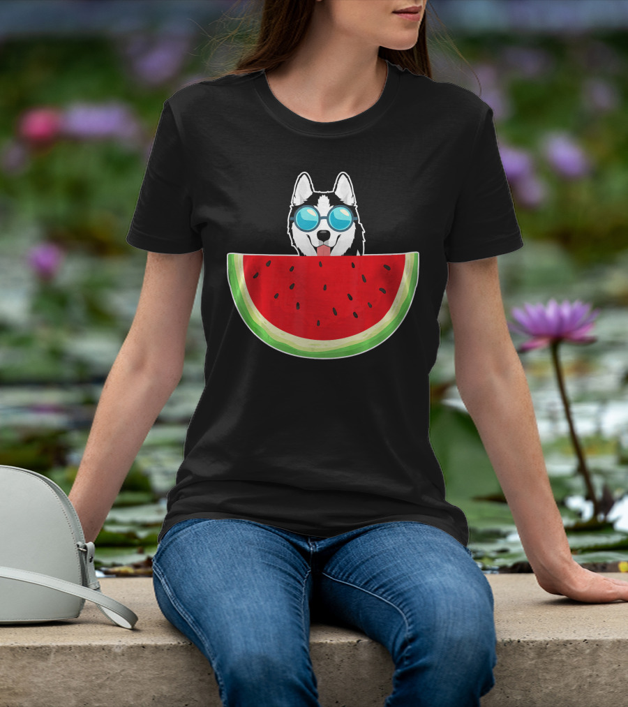 Husky Behind Watermelon With Sunglasses For Women T-Shirt