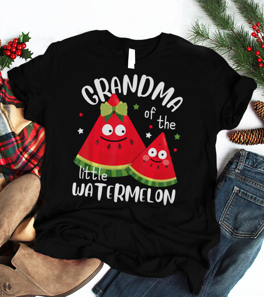 Grandma Of The Little Watermelon With Smiling Cartoon Slices And Stars T-Shirt