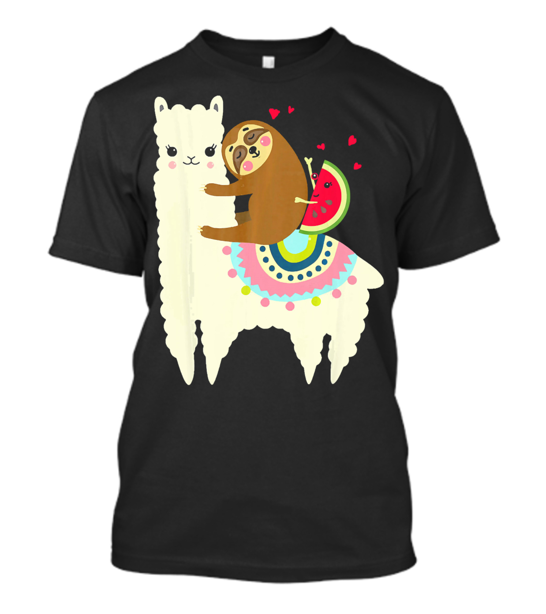 Sloth Hugging Watermelon With Hearts On Colorful Llama T-Shirt