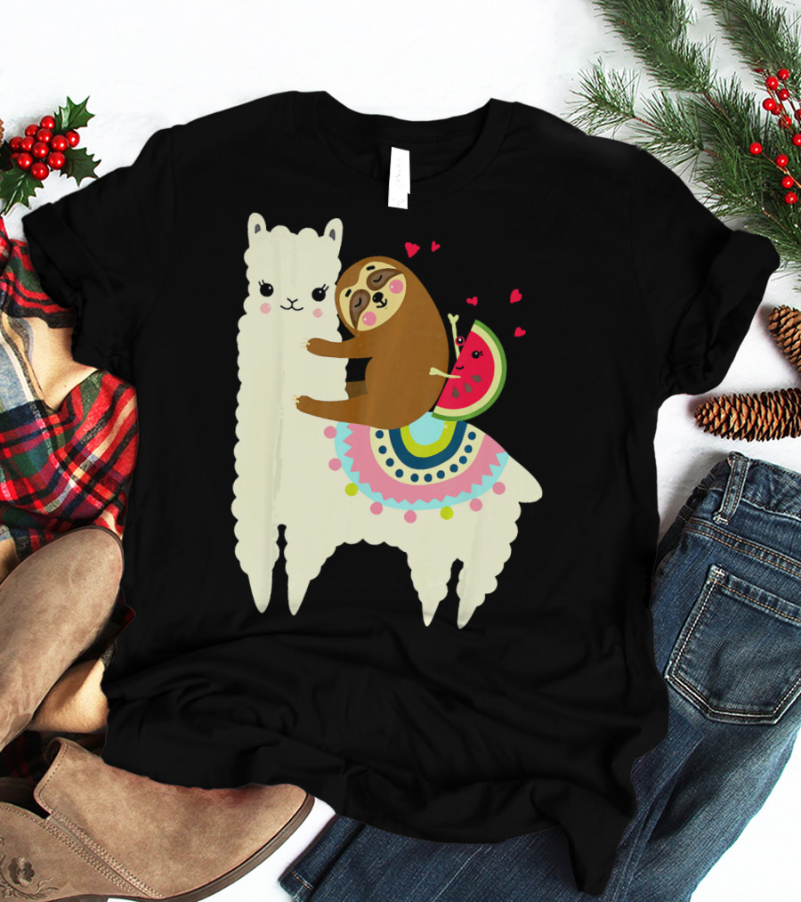 Sloth Hugging Watermelon With Hearts On Colorful Llama T-Shirt
