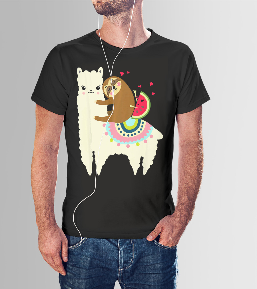 Sloth Hugging Watermelon With Hearts On Colorful Llama T-Shirt