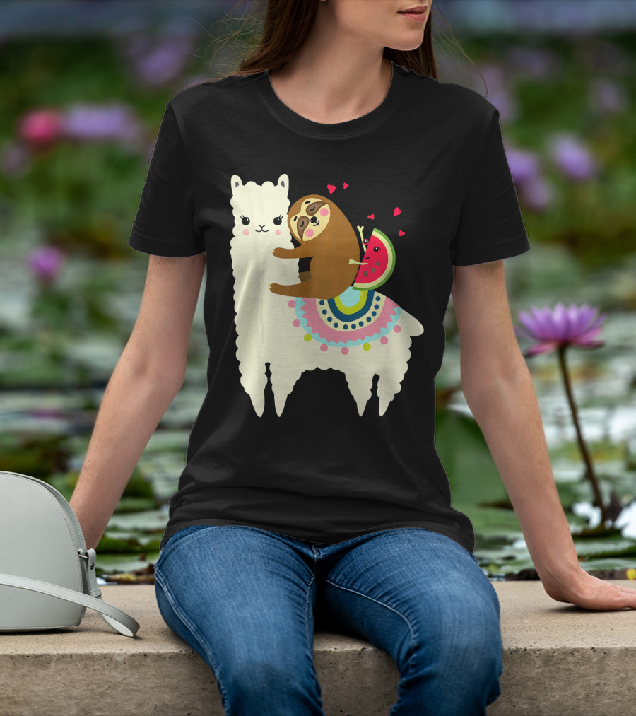 Sloth Hugging Watermelon With Hearts On Colorful Llama T-Shirt