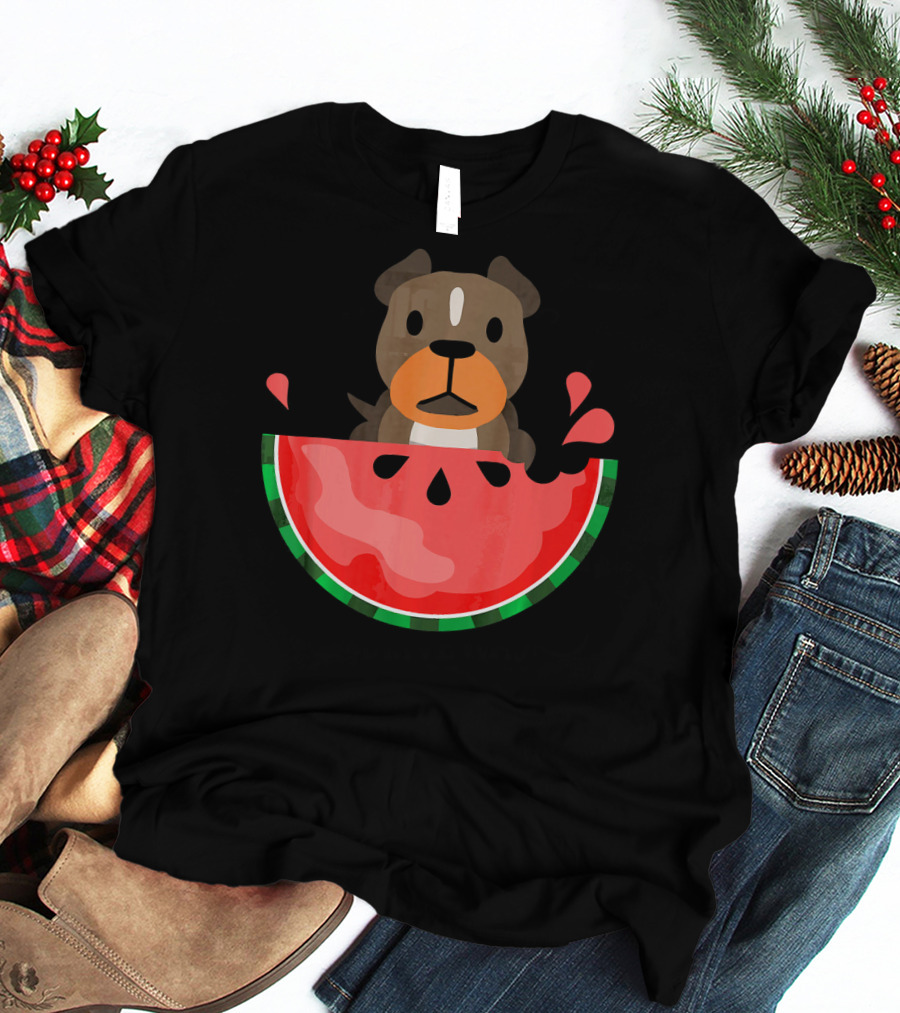 Playful Pit Bull In Watermelon Splash For Summer Vibes T-Shirt