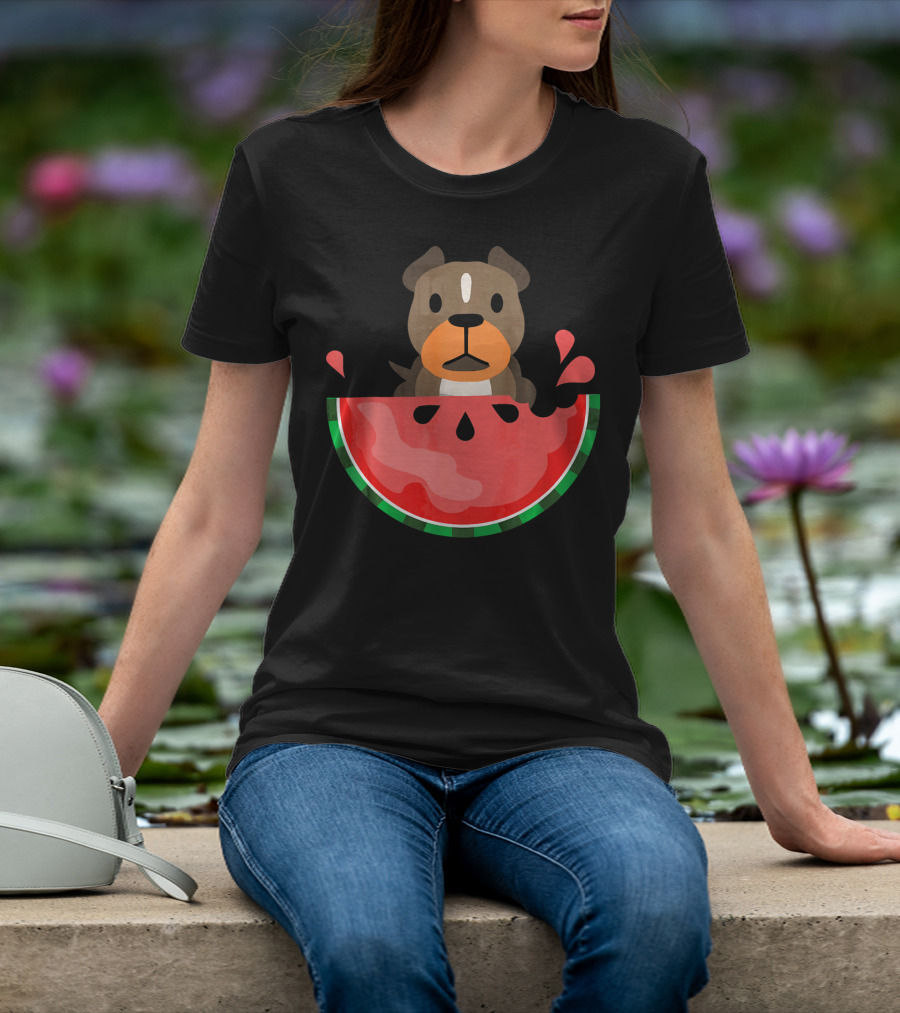 Playful Pit Bull In Watermelon Splash For Summer Vibes T-Shirt