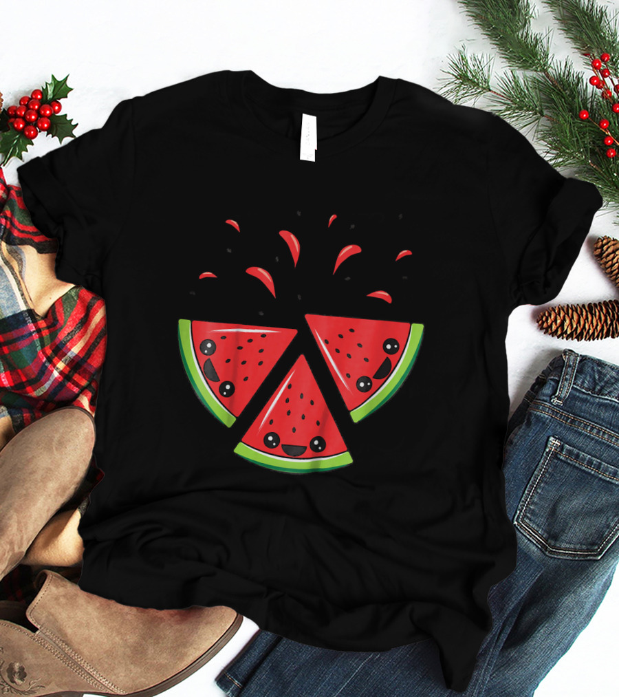 Kids Cute Watermelon Slices With Smiling Faces And Seeds T-Shirt