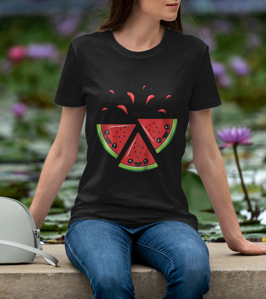 Kids Cute Watermelon Slices With Smiling Faces And Seeds T-Shirt