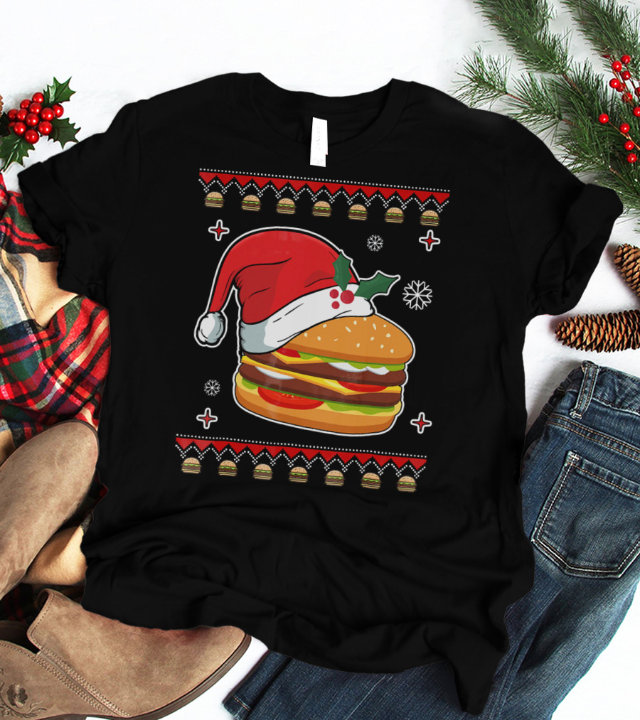 Santa Hat Hamburger Christmas Ugly T-Shirt