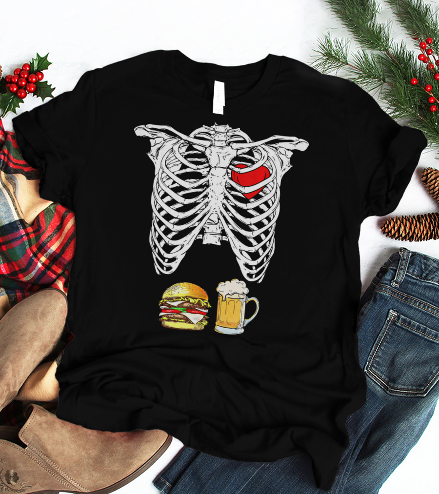 Ribcage Xray Skeleton With Heart Burger And Beer T-Shirt