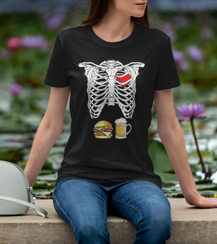 Ribcage Xray Skeleton With Heart Burger And Beer T-Shirt