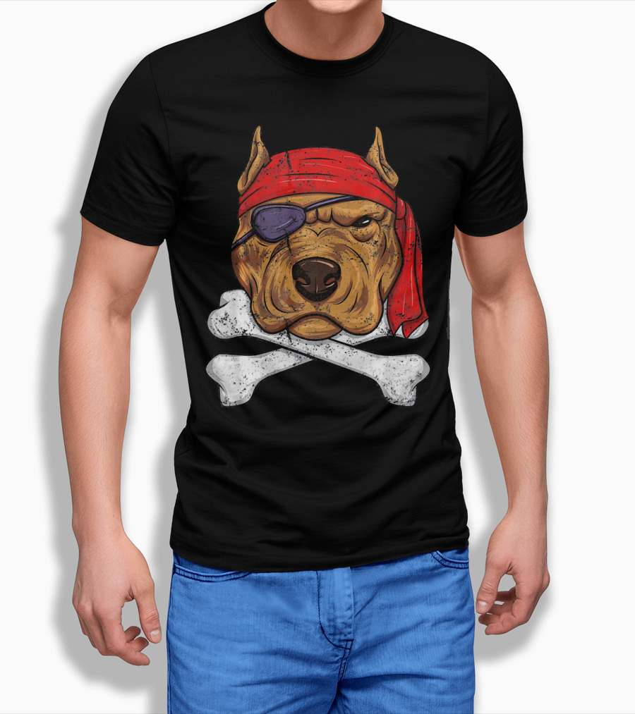 Vintage Pirate Dog Funny Puppy Crossbones Eyepatch Red Bandana T-Shirt