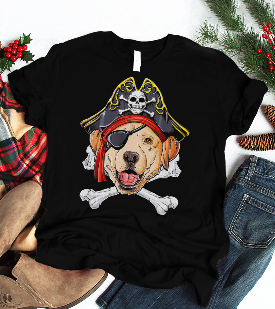 Labrador With Pirate Skull Hat And Crossbones T-Shirt