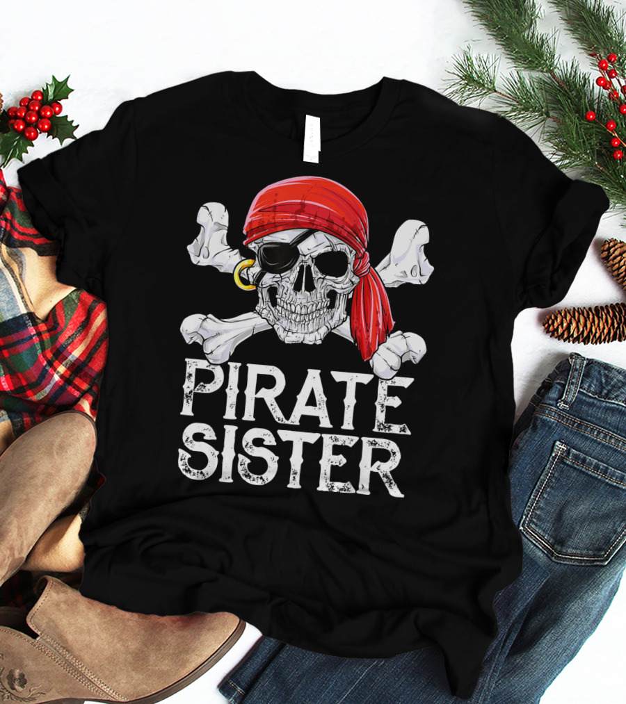 Pirate Sister Skull With Red Bandana And Crossbones T-Shirt