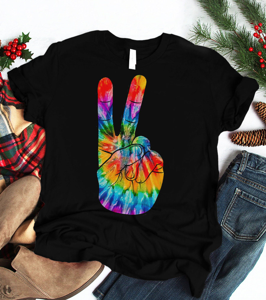 Tie Dye Peace Sign Hand V Victory Love Rainbow T-Shirt