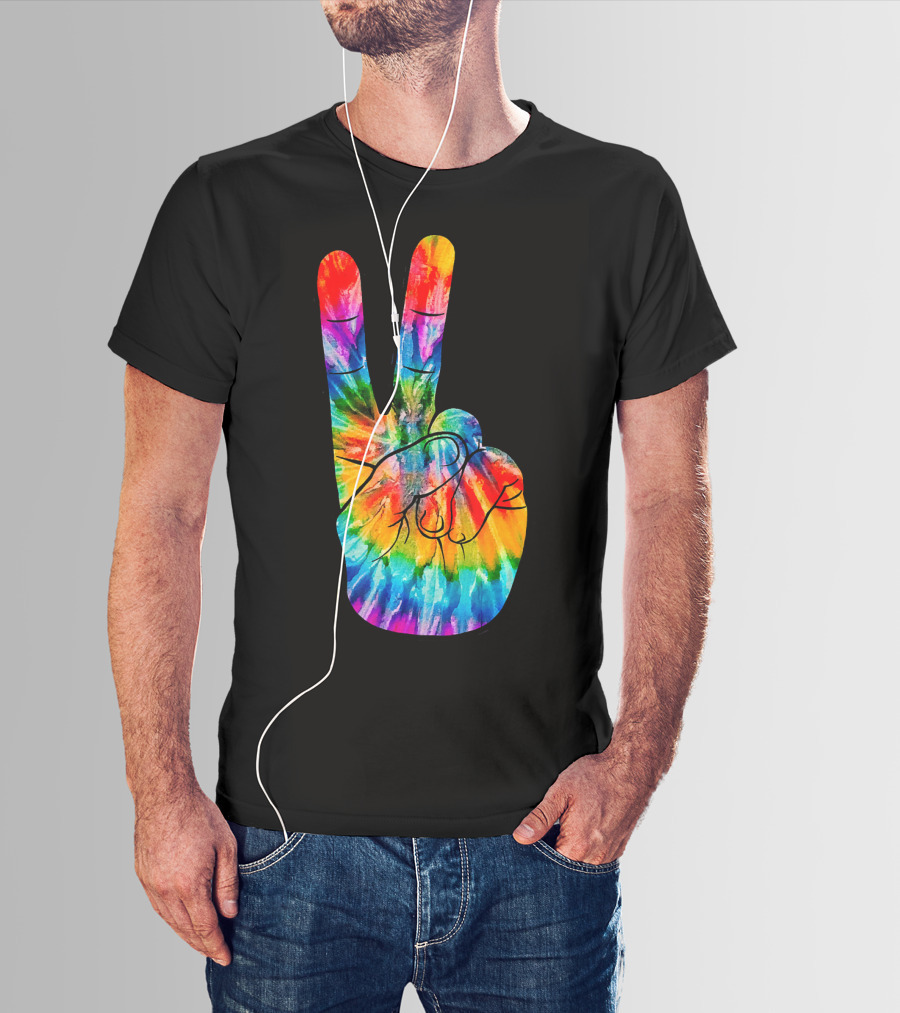 Tie Dye Peace Sign Hand V Victory Love Rainbow T-Shirt