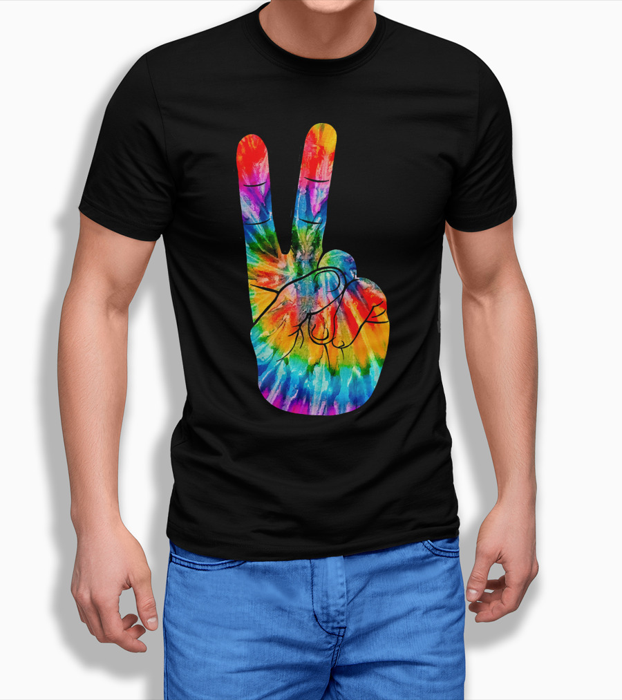 Tie Dye Peace Sign Hand V Victory Love Rainbow T-Shirt