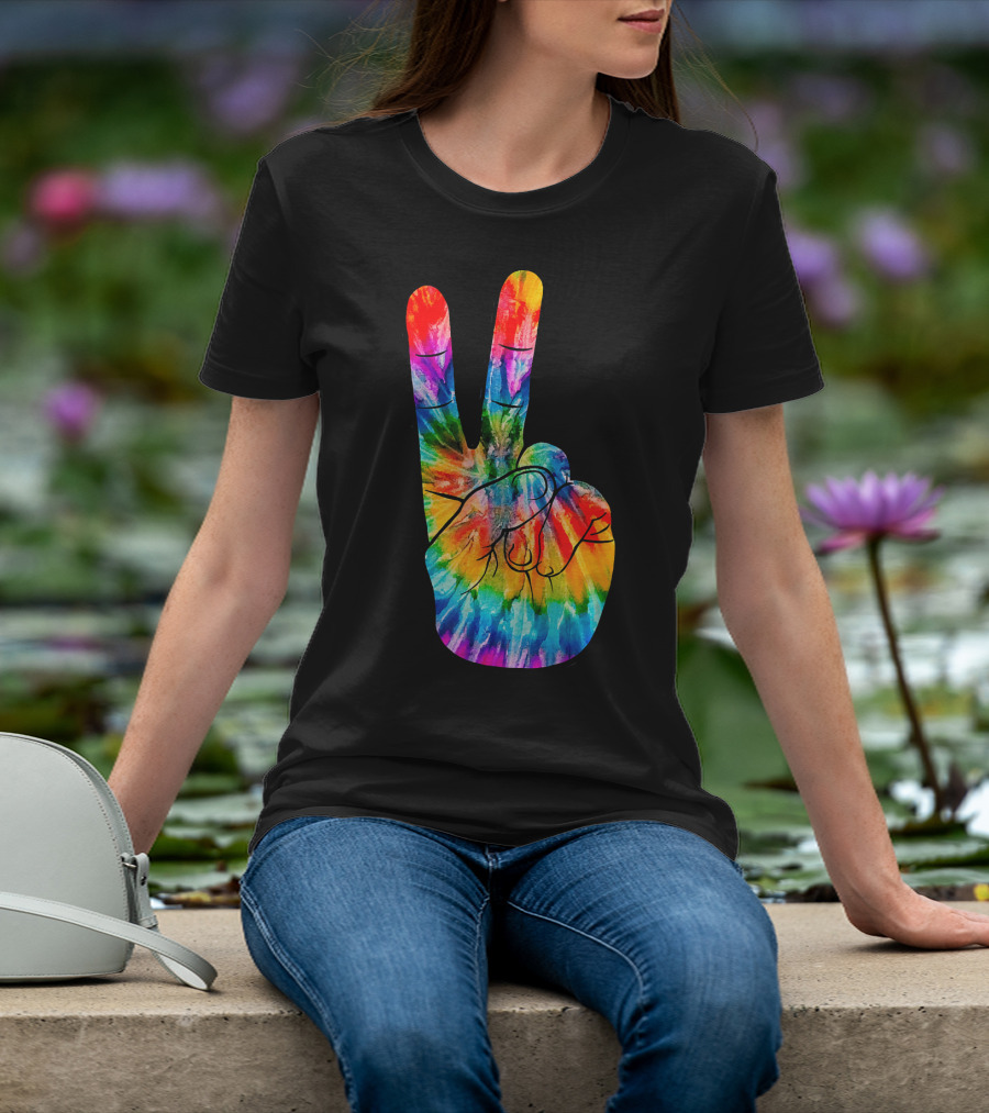 Tie Dye Peace Sign Hand V Victory Love Rainbow T-Shirt