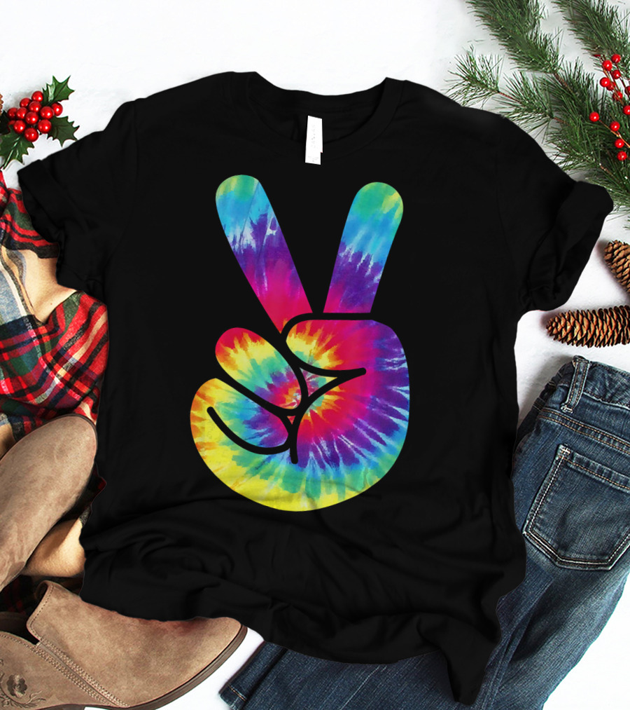 Groovy Tie Dye Peace Sign Two Finger Gesture T-Shirt