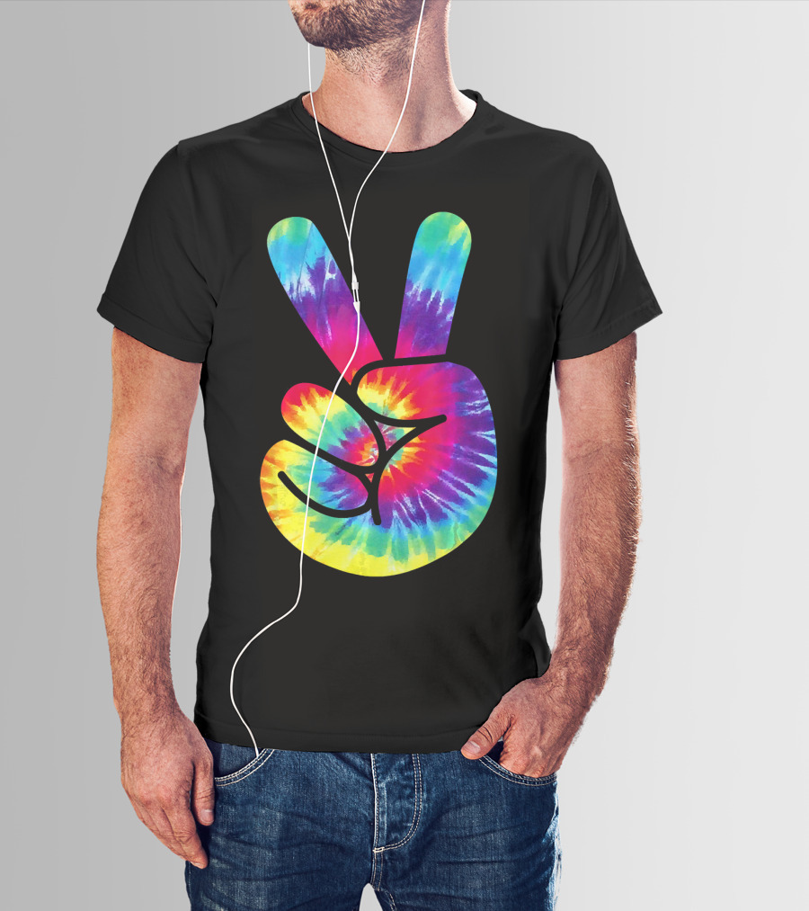 Groovy Tie Dye Peace Sign Two Finger Gesture T-Shirt
