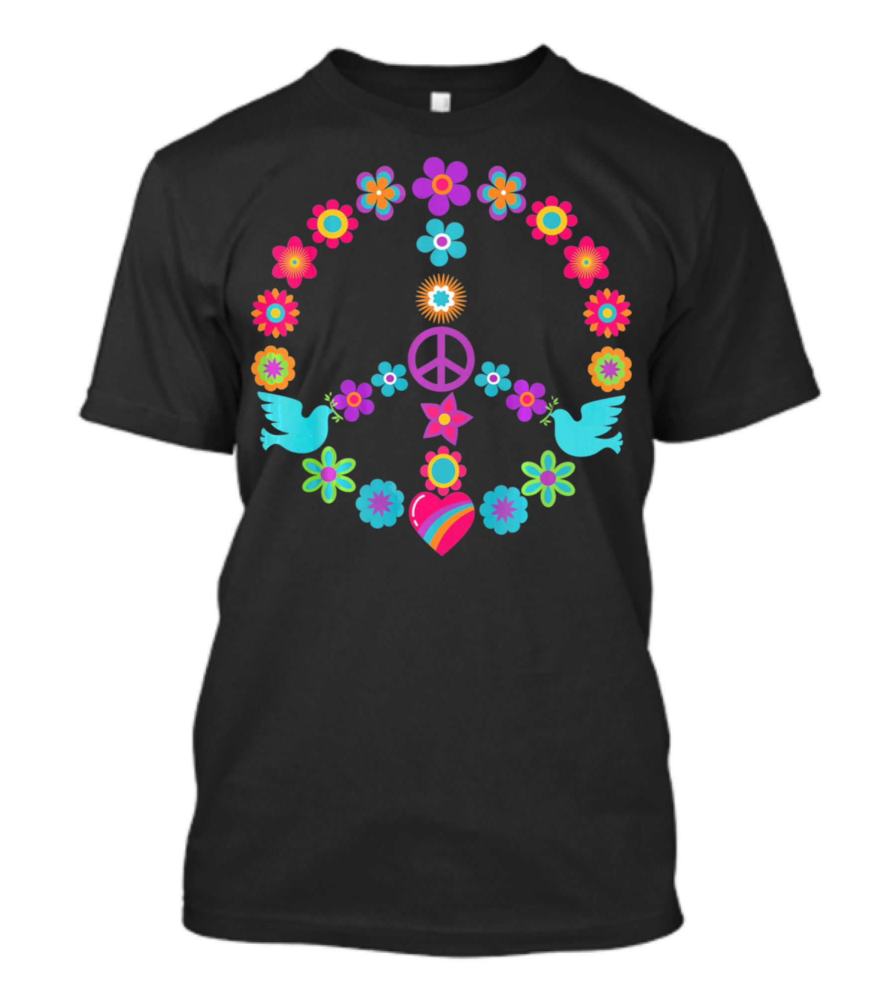 Peace Sign Flowers Dove 60s 70s Heart T-Shirt