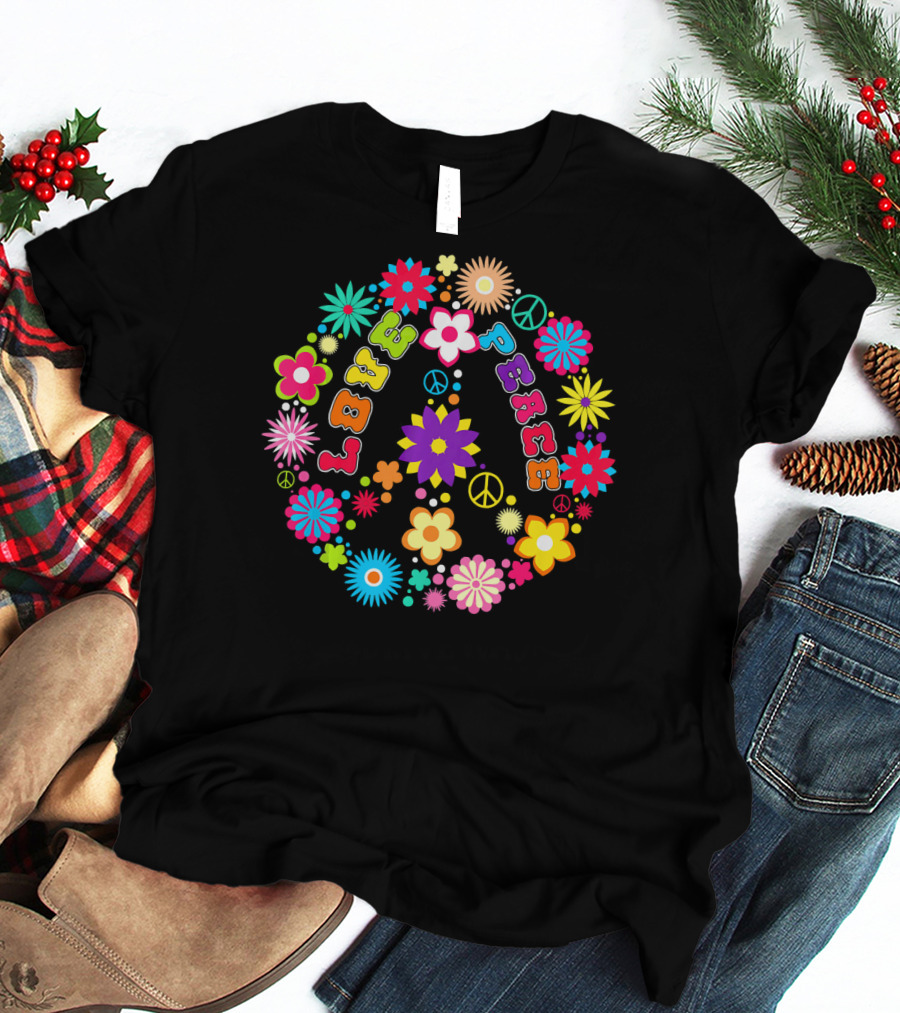 Peace Love Sign Hippie Flowers 60s 70s Groovy Floral Vibes T-Shirt