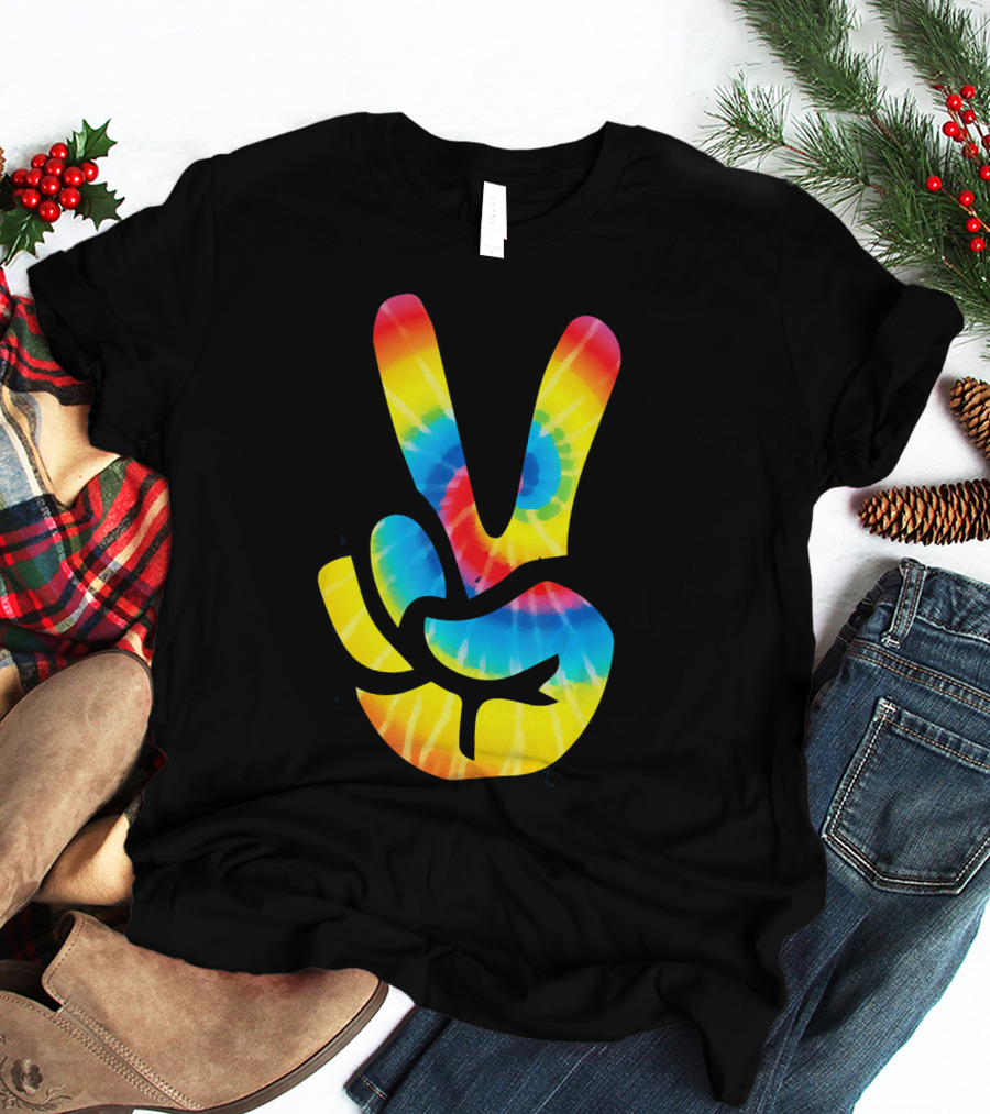 Tie Dye Peace Sign Hand V Symbol Rainbow Psychedelic T-Shirt