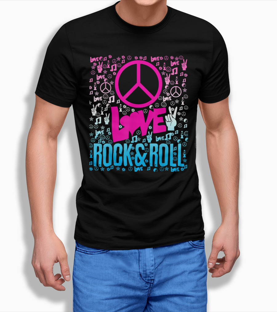 Peace Love Rock and Roll Music Icons and Hippie Symbols T-Shirt