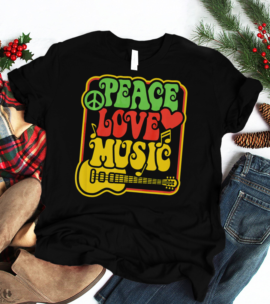 PEACE LOVE MUSIC Rock And Roll Reggae Guitar T-Shirt