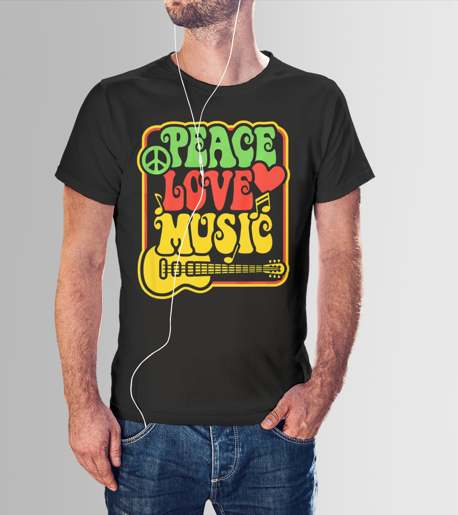 PEACE LOVE MUSIC Rock And Roll Reggae Guitar T-Shirt
