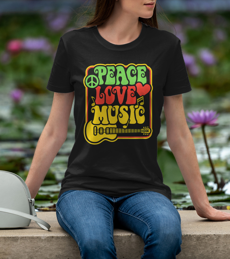PEACE LOVE MUSIC Rock And Roll Reggae Guitar T-Shirt