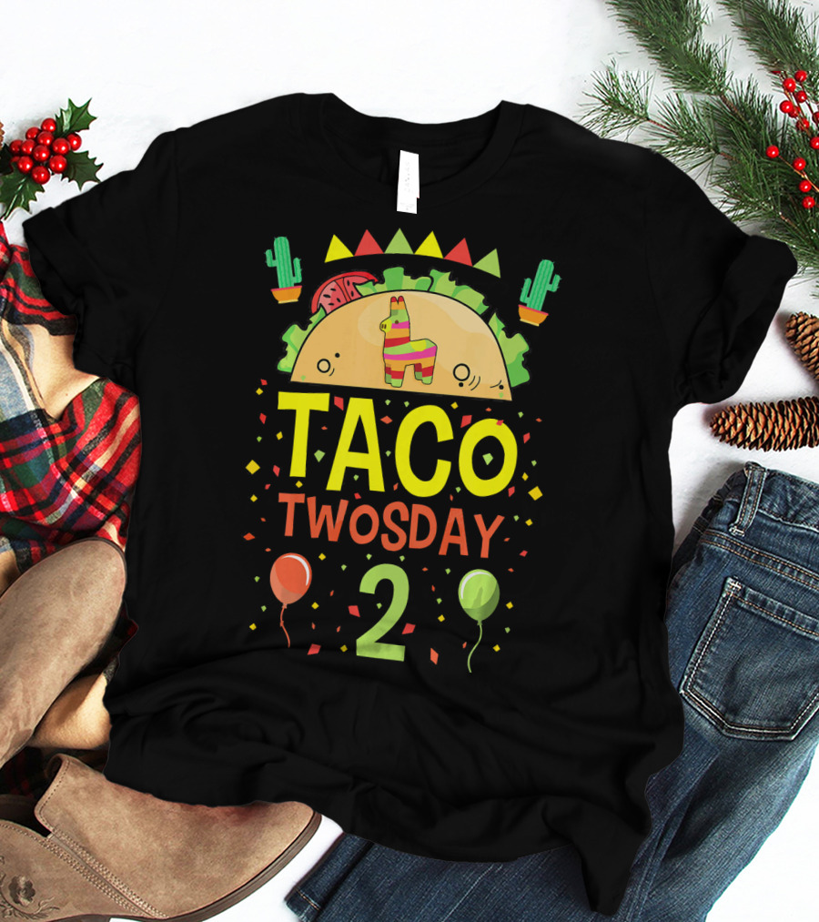 Taco Twosday 2 Two Year Old Boy Girl Cactus Balloon Party T-Shirt