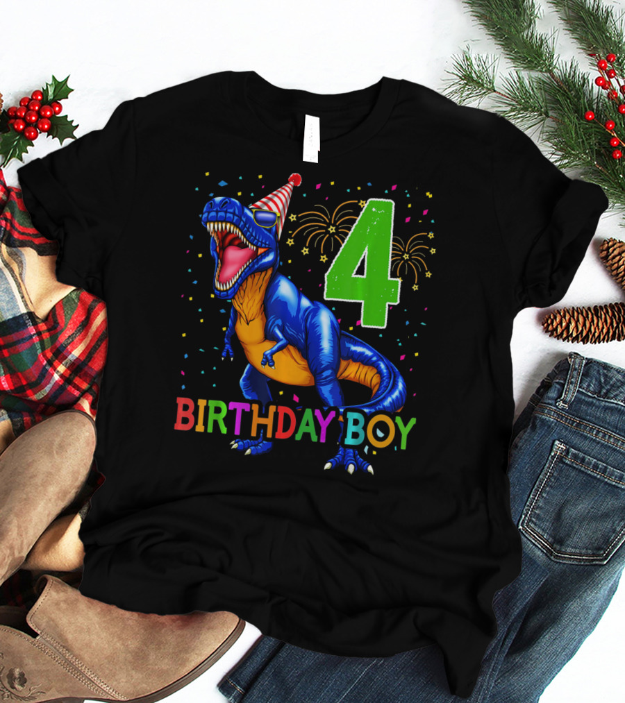 Birthday Boy 4 Dinosaur Party Hat Fireworks T-Shirt