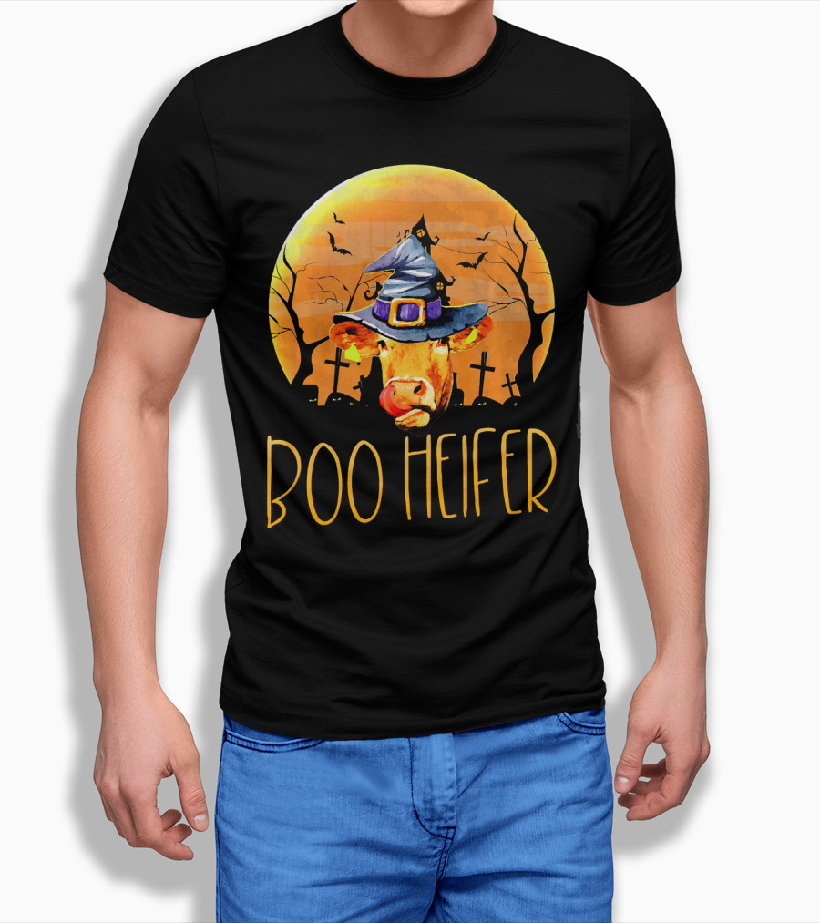 Boo Heifer Halloween Cow In Witch Hat With Graveyard And Bats T-Shirt