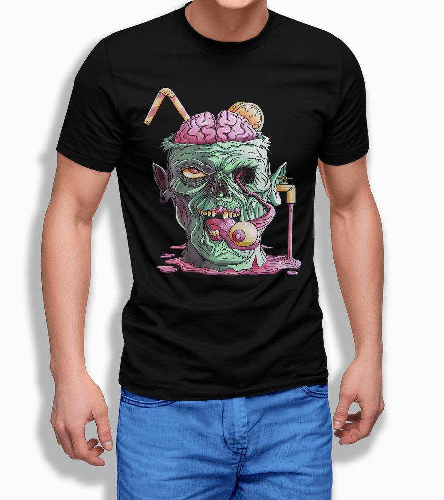 Zombie Face Brain Halloween Zombies Straw Brain Drink Eyeball Tongue T-Shirt