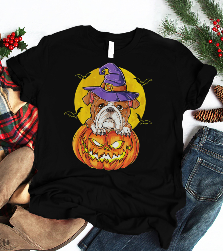 English Bulldog Halloween Witch Pumpkin Moon T-Shirt
