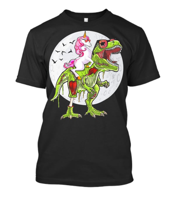 Funny Halloween Unicorn Riding Zombie Dinosaur With Bats And Full Moon T-Shirt